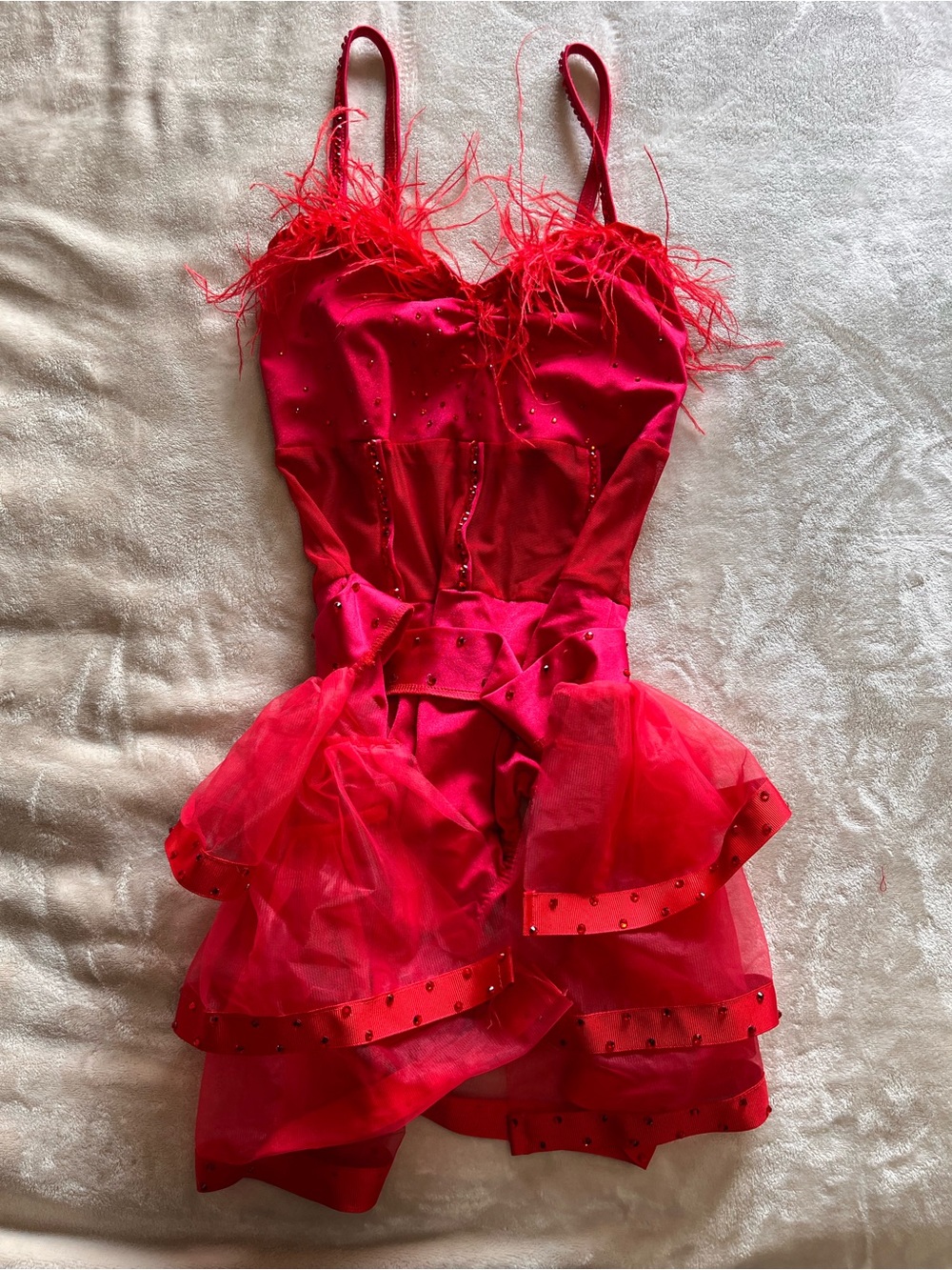 Kelle Adult Small Red Sequin Feather Dance Costume Jazz Lyrical Performance EUC